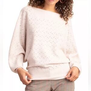 Trina Turk Halima Merino Wool Cream Long Sleeve Boat-neck Dolman Sleeve Sweater
